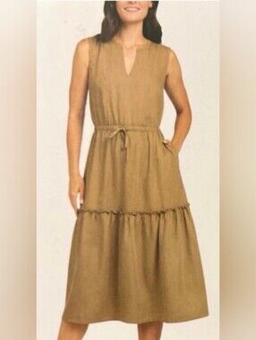 Lands End Sleeveless Tiered Drawstring Waist Midi Dress Size L